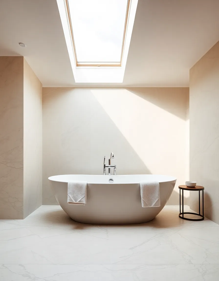 This image presents an elegant bathroom featuring a freestanding bathtub, beautifully illuminated by natural daylight from a skylight. The luxurious textures of marble and soft fabrics create a tranquil and indulgent atmosphere. Thoughtful composition draws attention to the clean lines and curves of the bathtub, inviting relaxation. The muted color palette adds to the serene mood, making it an ideal representation of high-end bathroom design.