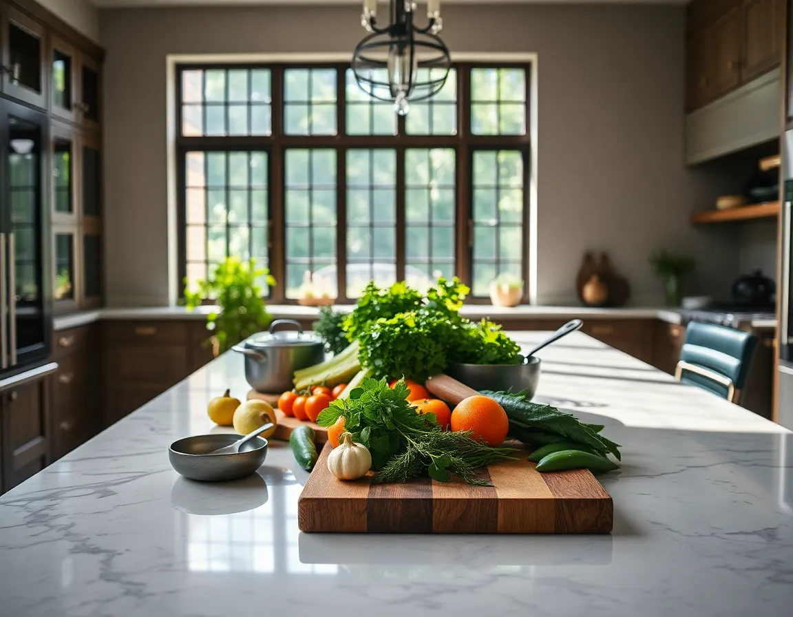 This stunning image highlights a luxurious kitchen island, beautifully adorned with fresh ingredients and stylish cookware. Natural daylight streams through a large window, casting soft light on the marble countertop that features intricate veining. The centered composition showcases the vibrant colors of the fresh produce against the rich greens and deep blues inspired by Fujifilm Velvia. The shallow depth of field enhances the focus on the stylish kitchen setup, inviting culinary creativity.