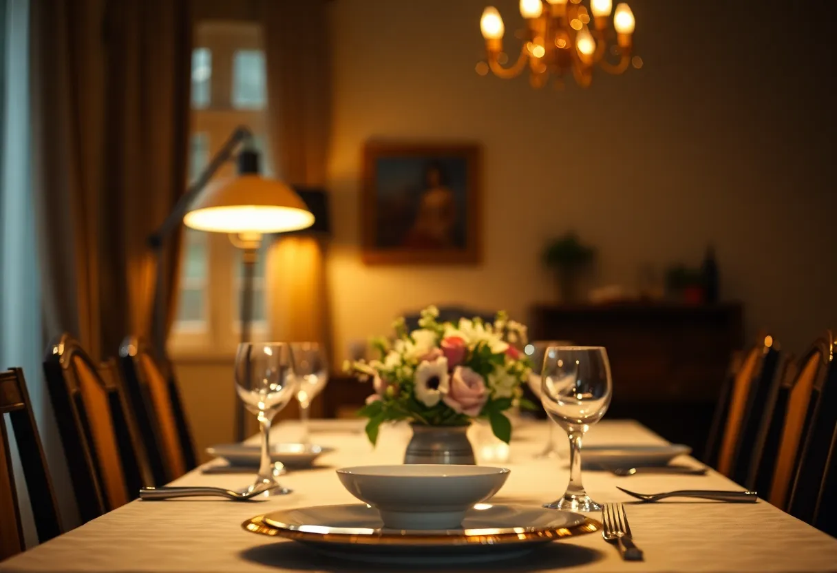 This luxurious image showcases an elegant dining table beautifully set for an intimate dinner. Warm light from a tungsten lamp highlights the crystal glassware and decorative floral arrangements, conveying sophistication. The vibrant reds and golds of the table decor create a sumptuous atmosphere, while the shallow depth of field draws focus on the details. Framing the shot with the table enhances the sense of occasion.