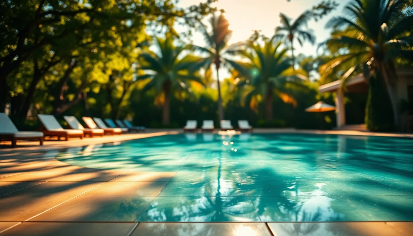 This enchanting image captures a serene poolside oasis, where dappled sunlight creates a magical atmosphere. The sparkling blue water reflects surrounding palm trees, inviting relaxation and leisure. The contrast between the warm tiles and cool water, combined with the cinematic color grading, gives the scene a sophisticated edge. The clever use of leading lines draws the viewer's eye directly toward the inviting pool.