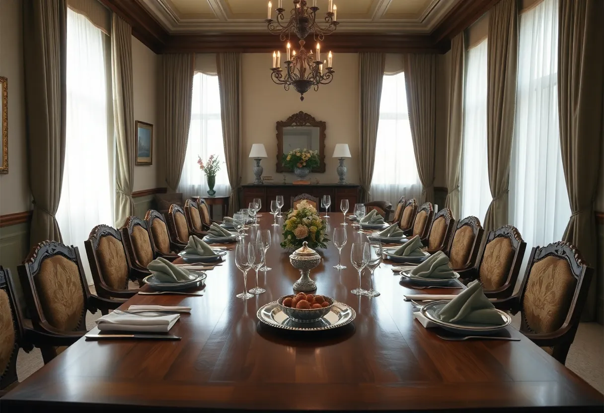 Elegant Dining Room Set for Gourmet Meal This elegant dining room showcases sophistication and style with a beautifully set table ready for a gourmet experience. The overcast daylight creates a soft glow, enhancing the rich textures of the polished wooden table and fine china. Centered symmetry emphasizes the grandeur of the setting, inviting guests to enjoy a luxurious dining occasion. The muted colors and intricate details contribute to a refined atmosphere, making it ideal for high-end real estate presentations.