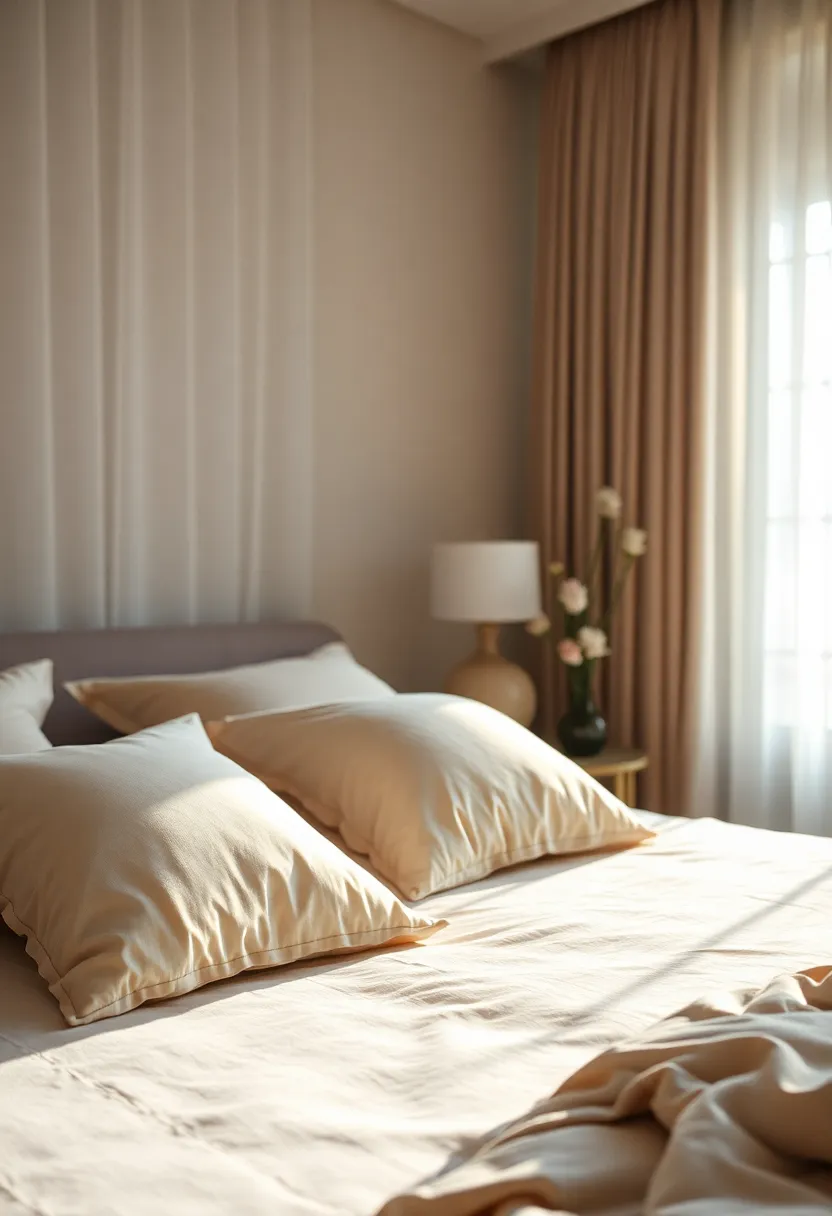 This image captures a serene luxury bedroom adorned with soft morning light, filtering gently through sheer curtains. The elegant arrangement of bedding and plush pillows creates an inviting focal point, while muted colors enhance the calming ambiance. The symmetry in design and the quality of materials add to the room's sophisticated appeal. This visual invites viewers to experience the tranquility and beauty of high-end bedroom spaces.