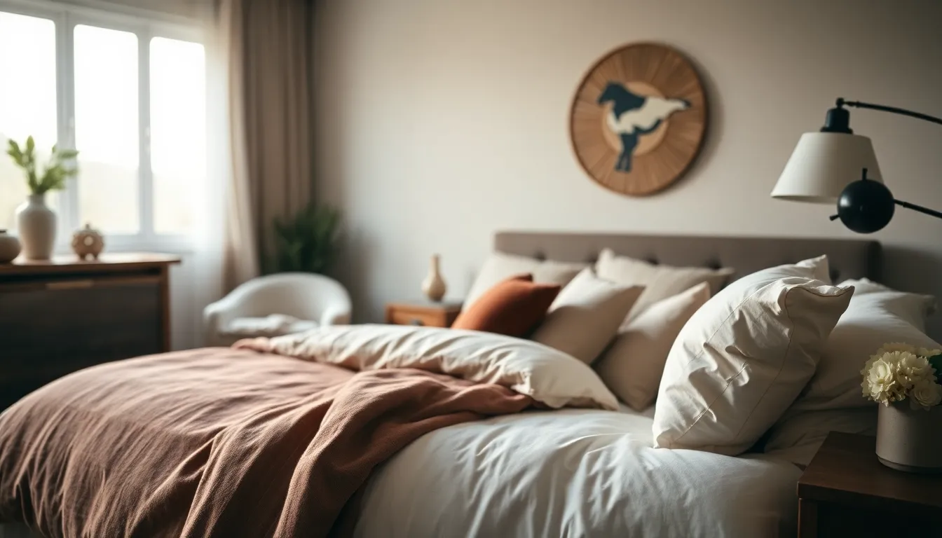 This exquisite image captures a luxurious bedroom adorned with plush bedding and stylish decor, illuminated by soft studio lighting. The subtle textures of the bedding and wooden accents create a warm and inviting atmosphere. The composition draws the eye toward the elegant arrangements while maintaining a sense of balance and tranquility.