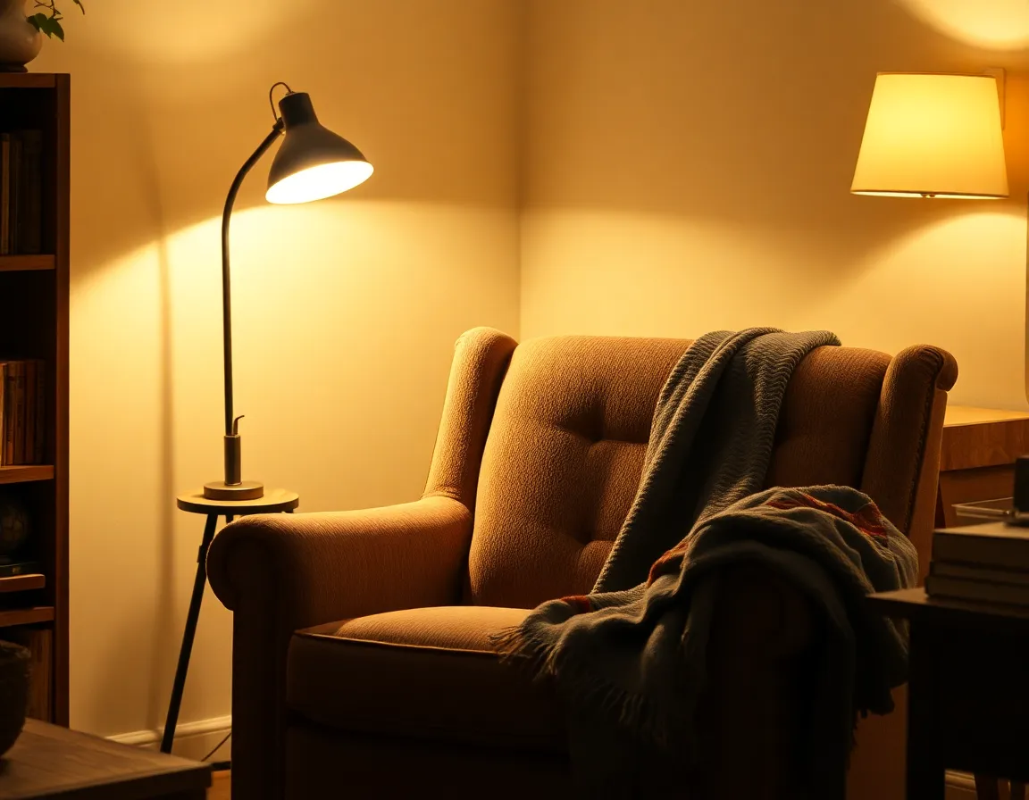 This image portrays a cozy reading nook, inviting relaxation with its warm lighting and plush furnishings. A warm tungsten lamp casts a soft glow on the rich upholstery of the armchair, highlighted by a cozy throw. The natural muted tones create a serene atmosphere, while the careful composition emphasizes the chair's position, enhancing its inviting nature. The texture of the fabric adds a tactile quality, making the viewer long to settle in with a good book.