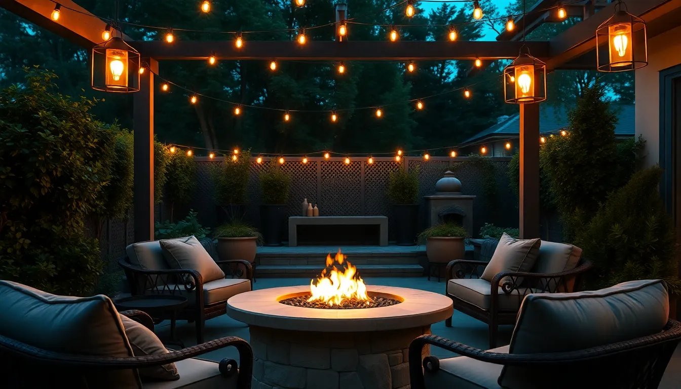 This image presents a chic outdoor patio setting, accentuated by the warm glow of firelight and pendant lights as dusk settles. The inviting atmosphere is enriched by plush seating and an elegant fire pit, creating an ideal space for relaxation and entertainment. Lush greenery encircles the area, adding a touch of nature to the luxurious design. The vibrant color palette and the careful arrangement of elements enhance the overall sophistication.