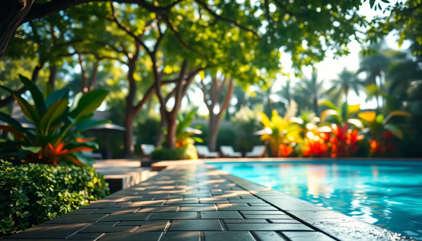 This captivating image features an infinity pool nestled amidst lush palm trees, bathed in dappled sunlight. The selective focus on the pool's shimmering water creates a sense of depth, while the surrounding greenery adds a touch of tropical luxury. The cinematic color grading enhances the scene's vibrancy, inviting viewers to imagine a relaxing escape.