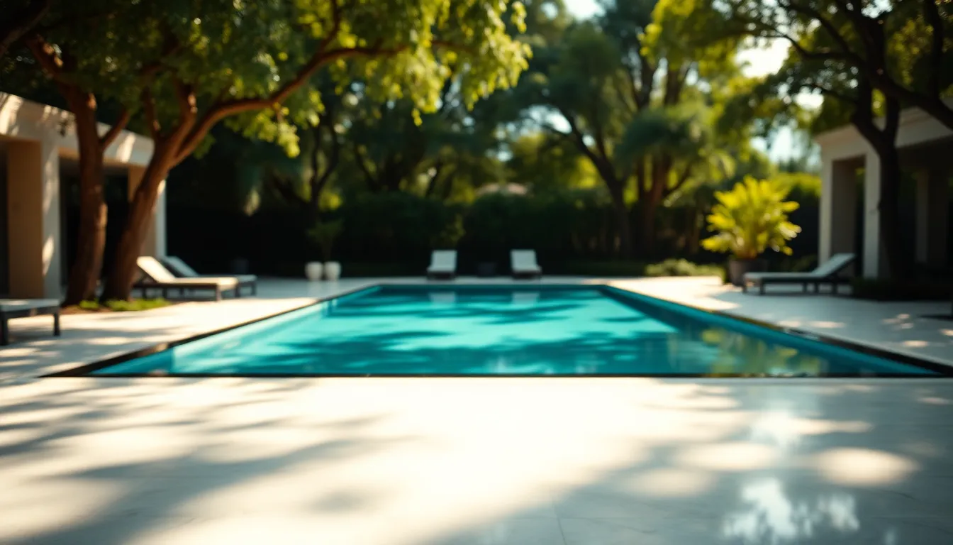 Serene Infinity Pool Surrounded by Nature This serene image features a luxury infinity pool seamlessly blending into its natural surroundings. Dappled daylight creates an enchanting atmosphere as it filters through the trees, casting playful shadows on the smooth marble tiles. The composition is centered, emphasizing the tranquility of the scene, while the selective focus creates a beautiful bokeh effect in the background. The warm color palette enhances the peaceful mood of this outdoor oasis, inviting relaxation and contemplation.