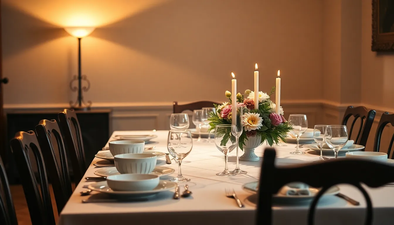 This intimate image features a luxury dining table meticulously set with fine china, elegantly arranged fresh flowers, and flickering candles. The warm tungsten light casts a cozy glow over the muted tones, enhancing the inviting atmosphere. Selective focus draws attention to the centerpiece, while the leading lines of the table and chairs guide the viewer’s eye, encapsulating the essence of fine dining in a sophisticated setting.