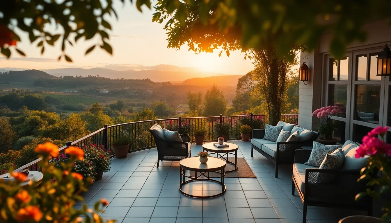 This beautiful image showcases an outdoor patio that seamlessly blends luxury living with nature's beauty. Warm golden hour light illuminates the vibrant garden and rolling hills beyond, creating an enchanting atmosphere. The stylish outdoor furniture is brought into sharp focus, while the background melts softly into colors of nature. With its leading lines and inviting scene, this image perfectly captures the essence of outdoor luxury and relaxation.