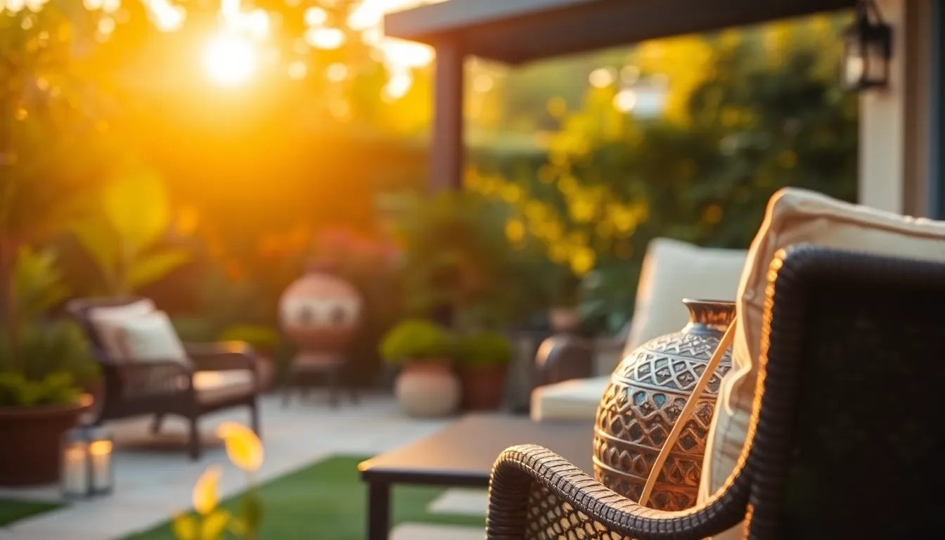 Stunning Outdoor Patio with Lush Landscaping This image captures a stunning outdoor patio set amidst lush landscaping, showcasing luxurious furniture under warm golden hour light. The selective focus highlights intricate textures, creating an inviting atmosphere. Natural greens contrast beautifully with warm furniture tones, embodying luxury and tranquility. The composition allows for a decorative vase in the foreground, adding depth to the serene oasis.