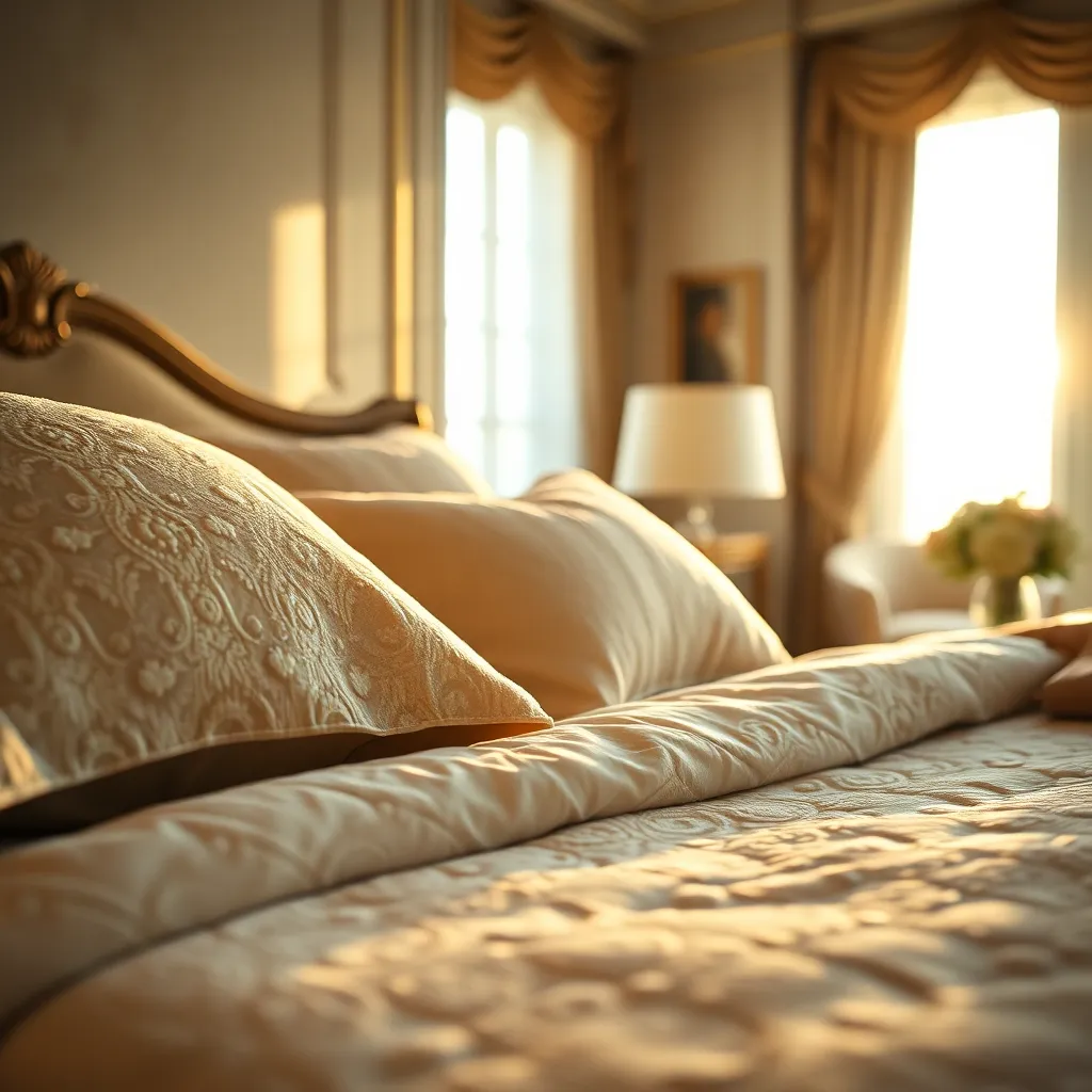 This intimate close-up captures the essence of a luxurious bedroom, with an emphasis on the rich textures of the bedding and decor. The golden hour light creates a warm and inviting atmosphere, while the thoughtful arrangement of floral accents infuses freshness into the scene. With muted tones of cream and brown, the cozy ambiance invites relaxation and peace. The dynamic angle adds depth, enhancing the viewer's connection to the serene escape.
