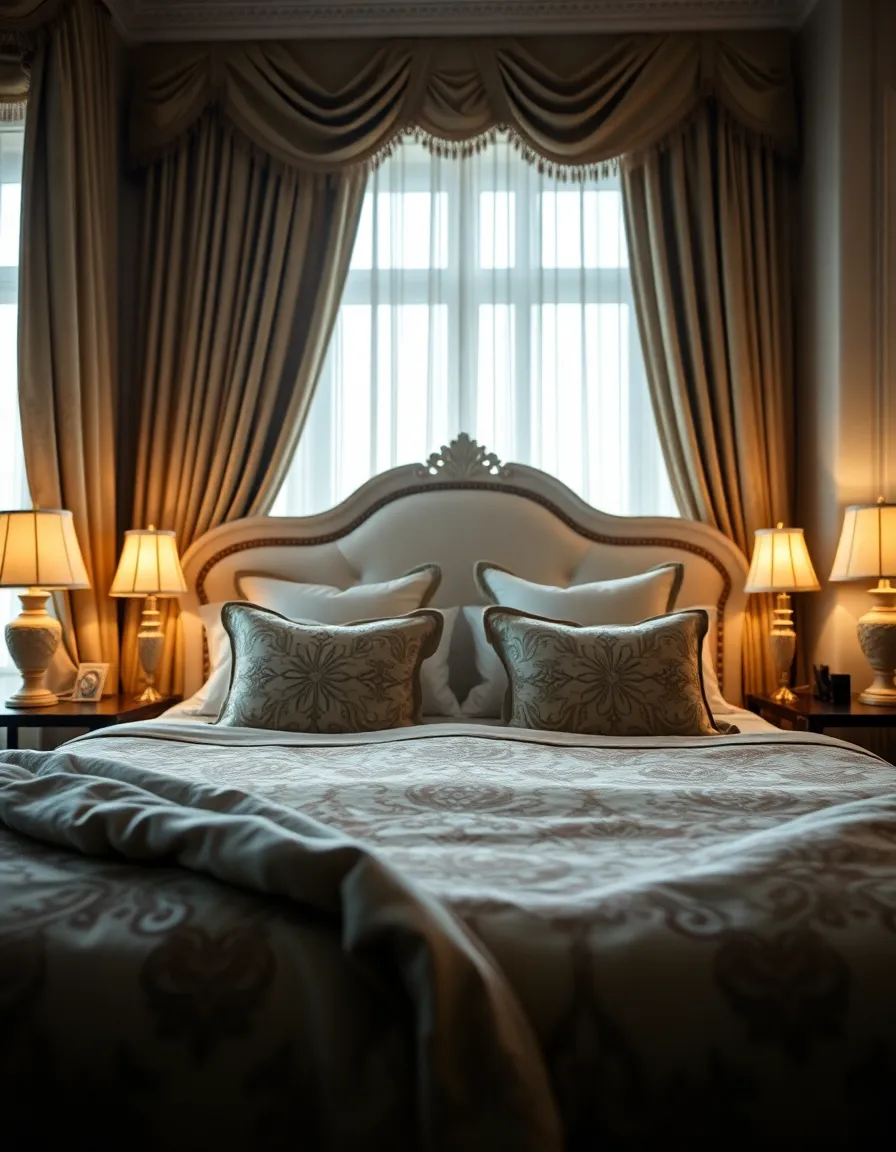 This captivating image features a luxurious bedroom designed for comfort and sophistication, showcasing exquisite textiles and elegant decor. Soft natural light filters through sheer curtains, enhancing the tranquil vibe of the space. The rich textures of the bedding and plush pillows are brought into sharp focus, while the background fades softly, drawing attention to the intricate details. Perfect for illustrating high-end living spaces, this image captures the essence of luxury and relaxation.