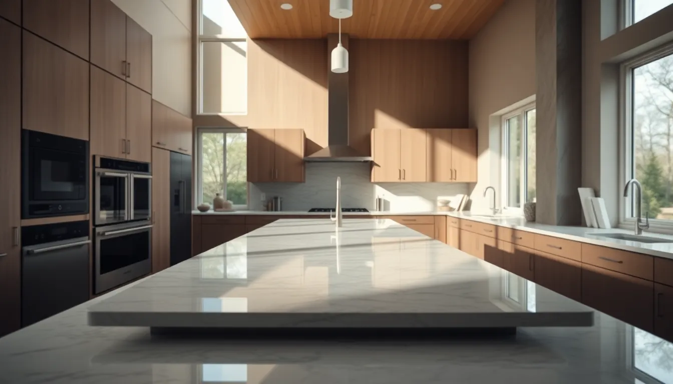 This stunning image depicts a contemporary kitchen that blends luxury and functionality. Bathed in natural daylight from expansive windows, the marble countertops and modern appliances shine with elegance. The muted earth tones create a calming backdrop, while the leading lines from the kitchen island guide the viewer's eye throughout the space. Smooth granite surfaces reflect soft light, enhancing the luxurious atmosphere.