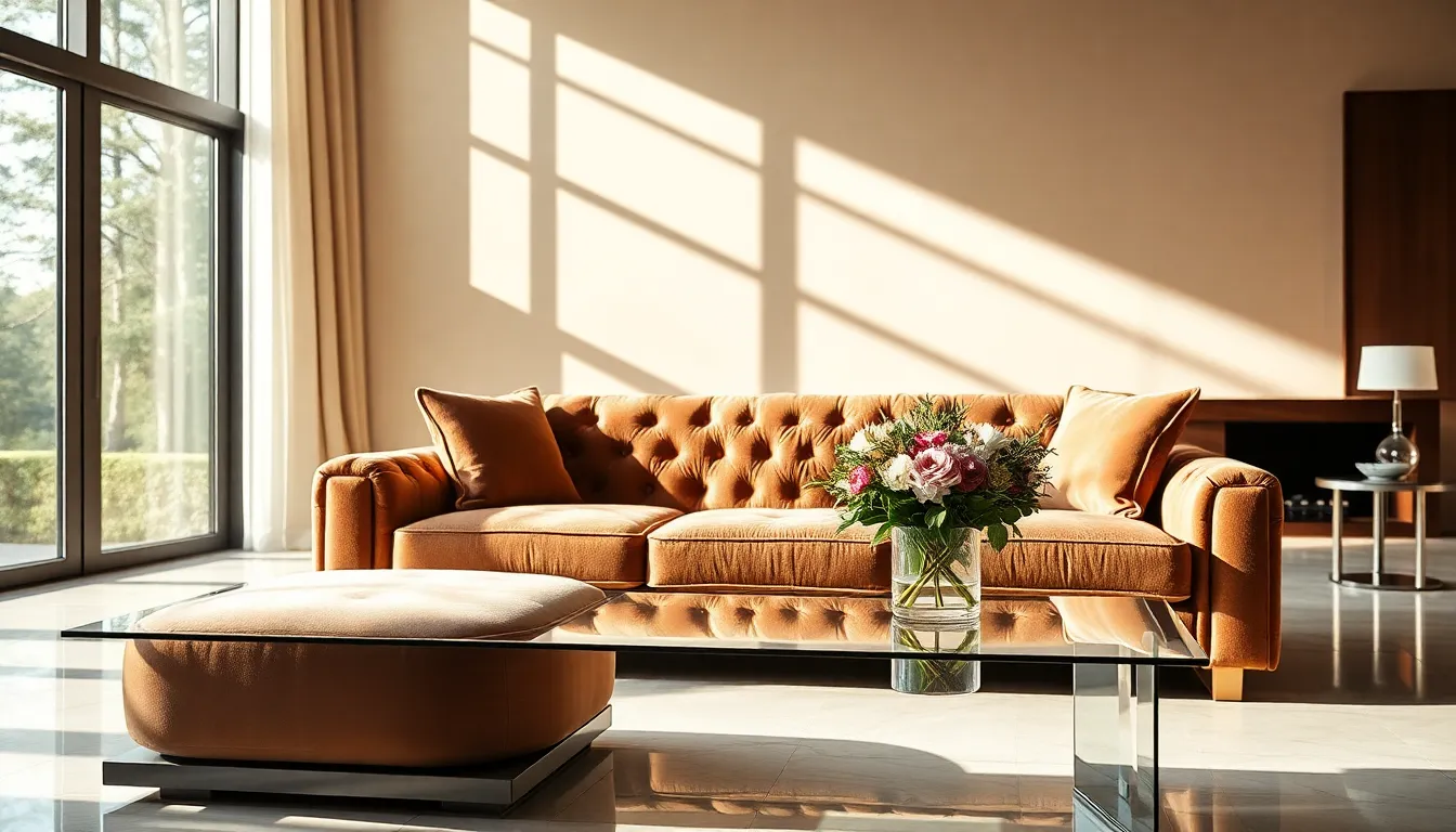 This stunning image showcases a luxurious living room that exudes comfort and sophistication. Bathed in warm natural light, the plush velvet sofa invites relaxation, while the sleek glass coffee table adds a modern touch. Neutral tones blended with golden accents enhance the inviting atmosphere. The elegant composition draws the viewer's eye through the space, making it an ideal representation of contemporary luxury living.