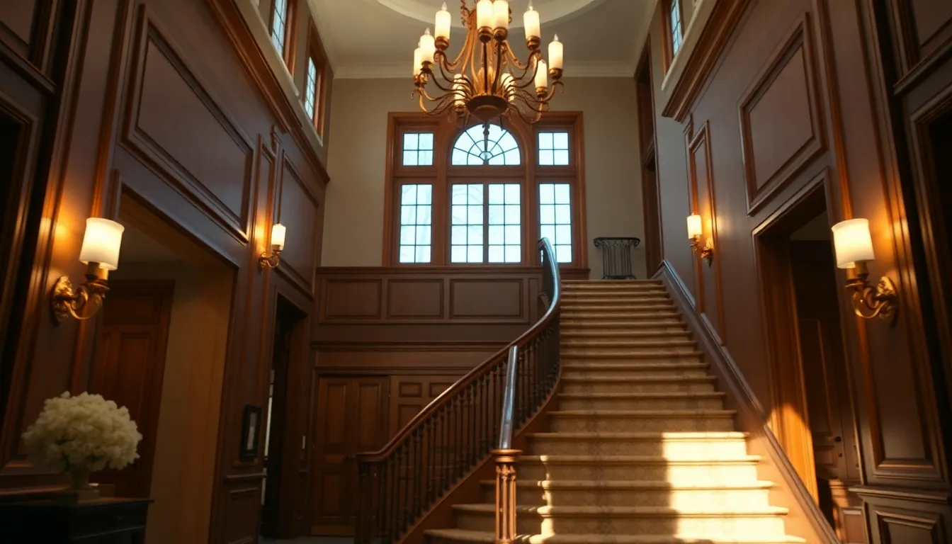 Elegant Entryway with Grand Staircase and Chandelier This image showcases a luxurious entryway featuring a grand staircase and an elegant chandelier. Warm practical lighting enhances the exquisite architectural details while casting soft shadows. The shallow depth of field creates a mesmerizing bokeh effect, emphasizing the ornate staircase features. Rich wood tones and soft whites contribute to the sophisticated atmosphere, inviting viewers to experience the grandeur.