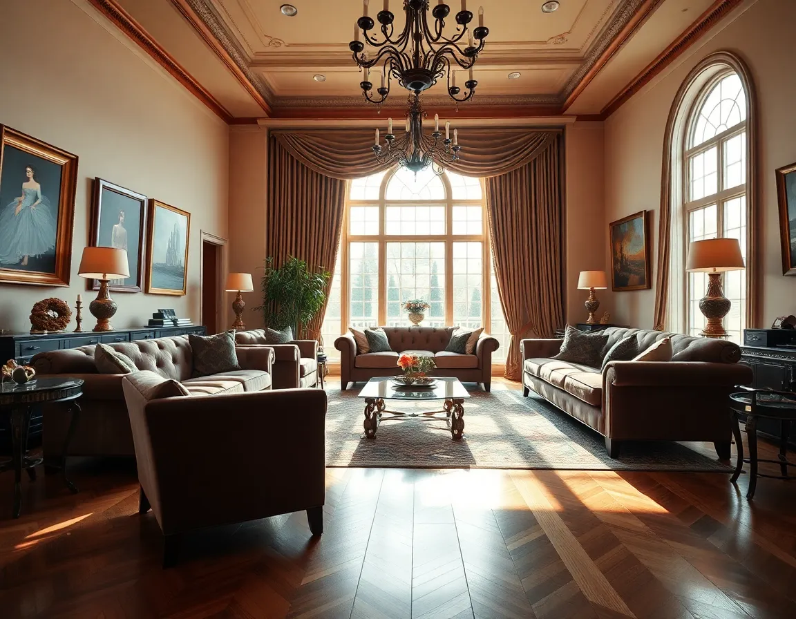 Opulent Living Room in Luxury Home This luxurious living room exudes elegance and sophistication, featuring plush velvet sofas and stunning artistic decor. Soft daylight filters through expansive windows, casting a warm glow on the rich textures of the room. The composition emphasizes symmetry, drawing the viewer's attention to the meticulously arranged space. With a soothing color palette inspired by classic photography, this image is perfect for showcasing high-end interior design.