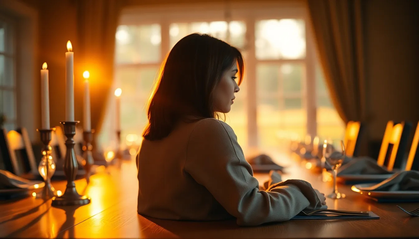 This image captures an elegant dining room bathed in the warm glow of golden hour. A polished oak table is set with fine china and delicate candles, enhancing the luxurious atmosphere. The shallow depth of field draws attention to the beautifully arranged place settings, while soft bokeh in the background creates a dreamy effect. The warm Kodak Portra 400 color palette enriches the scene with inviting tones.