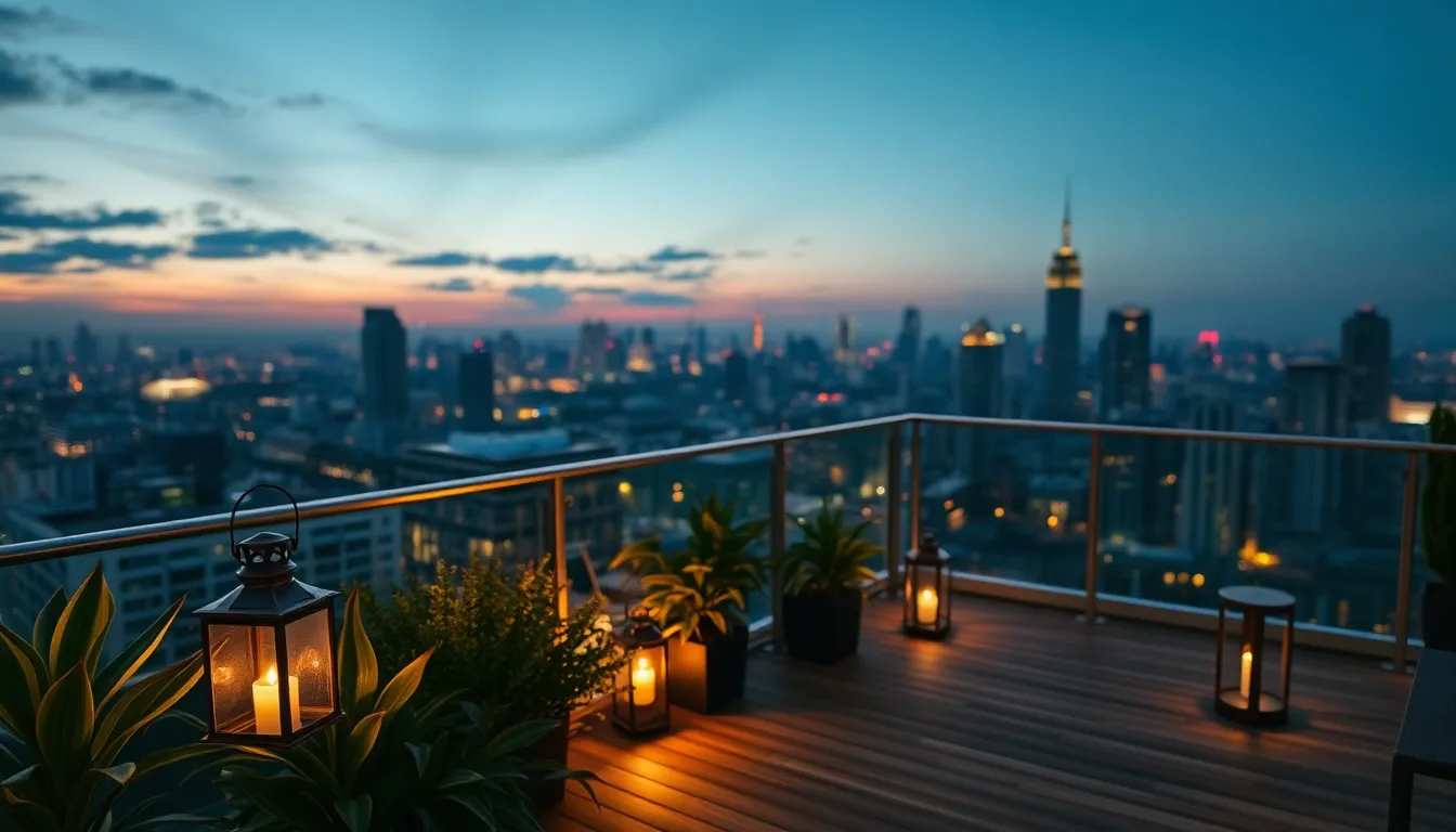 This breathtaking rooftop terrace offers a serene escape with a panoramic view of the city skyline during twilight. Soft ambient lighting from stylish lanterns creates a cozy atmosphere. The deep blue and purple hues of the evening sky beautifully contrast with the warm golden lights, drawing the eye towards the horizon. Perfectly composed to showcase both the terrace's inviting textures and the stunning urban landscape, this image captures a moment of luxurious relaxation.