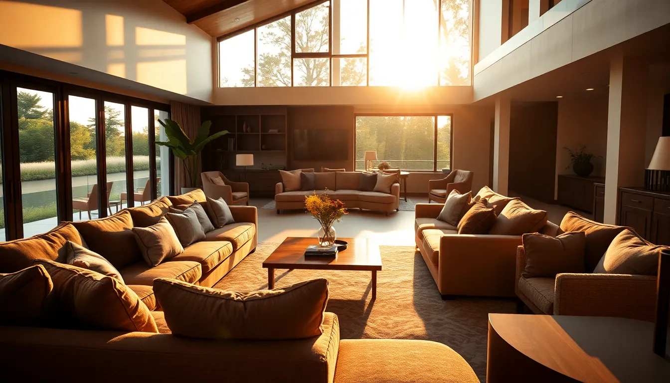 This image captures an elegant open-plan living room bathed in golden hour light, showcasing luxury and comfort. The warm hues of the interior blend beautifully with the soft textures of the furniture, creating an inviting atmosphere. The strategically placed décor and furnishings align harmoniously, exemplifying modern design. This photorealistic scene highlights the premium materials and intricate details that define high-end living spaces.