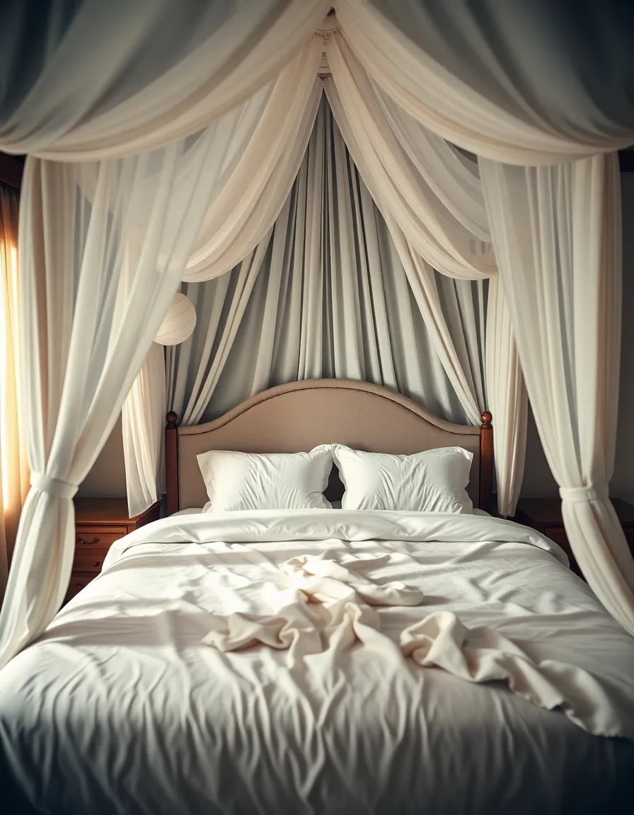 Experience the serene ambiance of a luxury bedroom featuring a majestic canopy bed. Soft linens and elegant textures invite comfort and relaxation in this perfectly balanced space. The warm tones and intricate details of the decor create a welcoming atmosphere, ideal for restful nights. This bedroom design highlights sophistication and tranquility, making it a luxurious retreat.