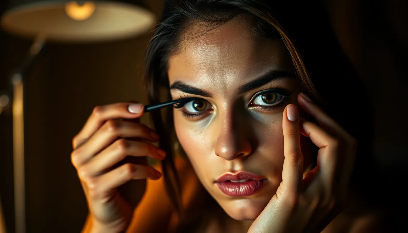 Young Woman Applying Eyeliner with Bold Expression
