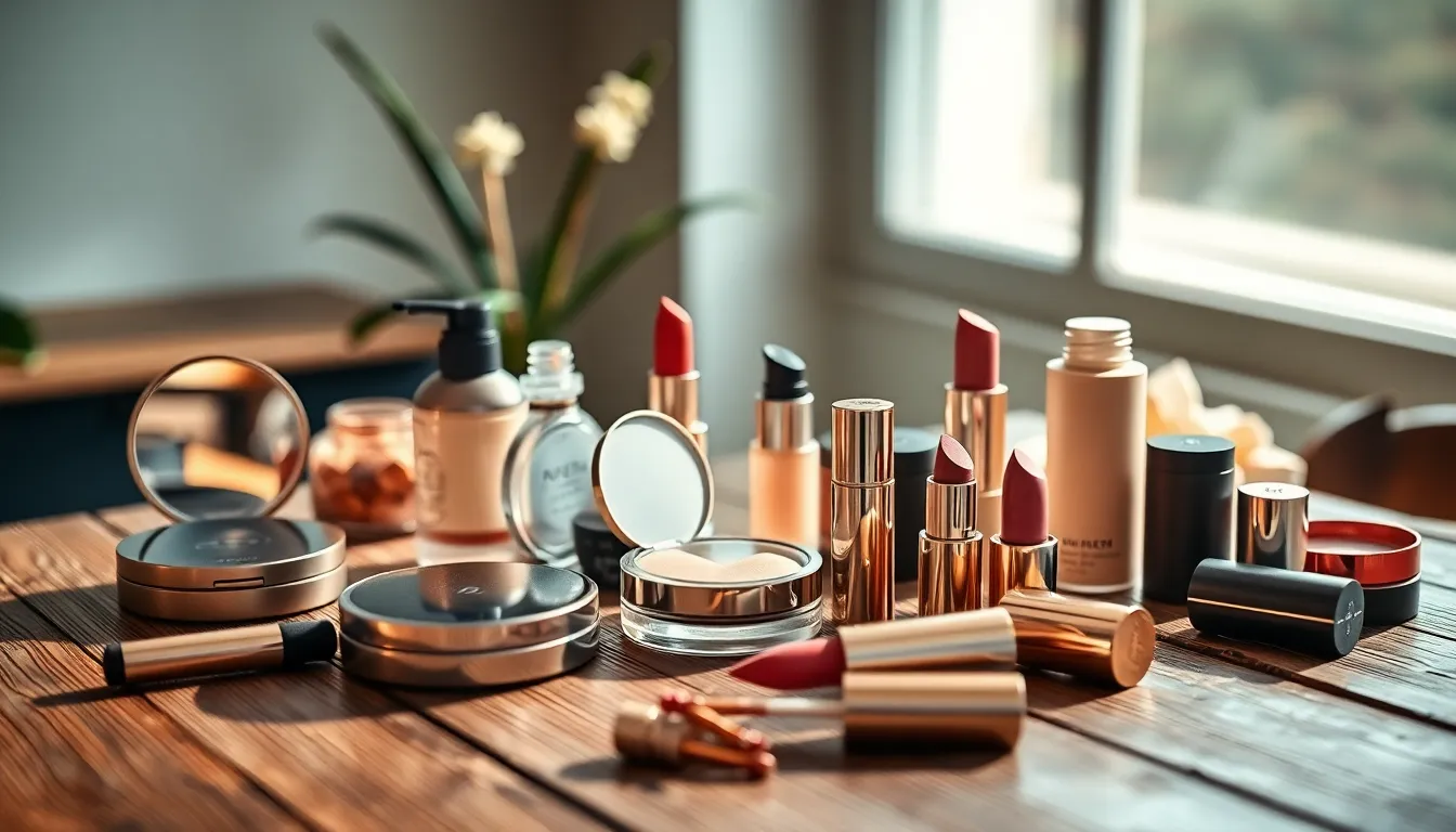 This flat lay image showcases a carefully arranged selection of high-end makeup products on a rustic wooden table. Illuminated by soft daylight, the scene exudes warmth and sophistication, inviting viewers to explore the luxurious textures and finishes of the cosmetics. Earthy color tones enhance the natural beauty of the products, making this image perfect for beauty brands looking to highlight their offerings.
