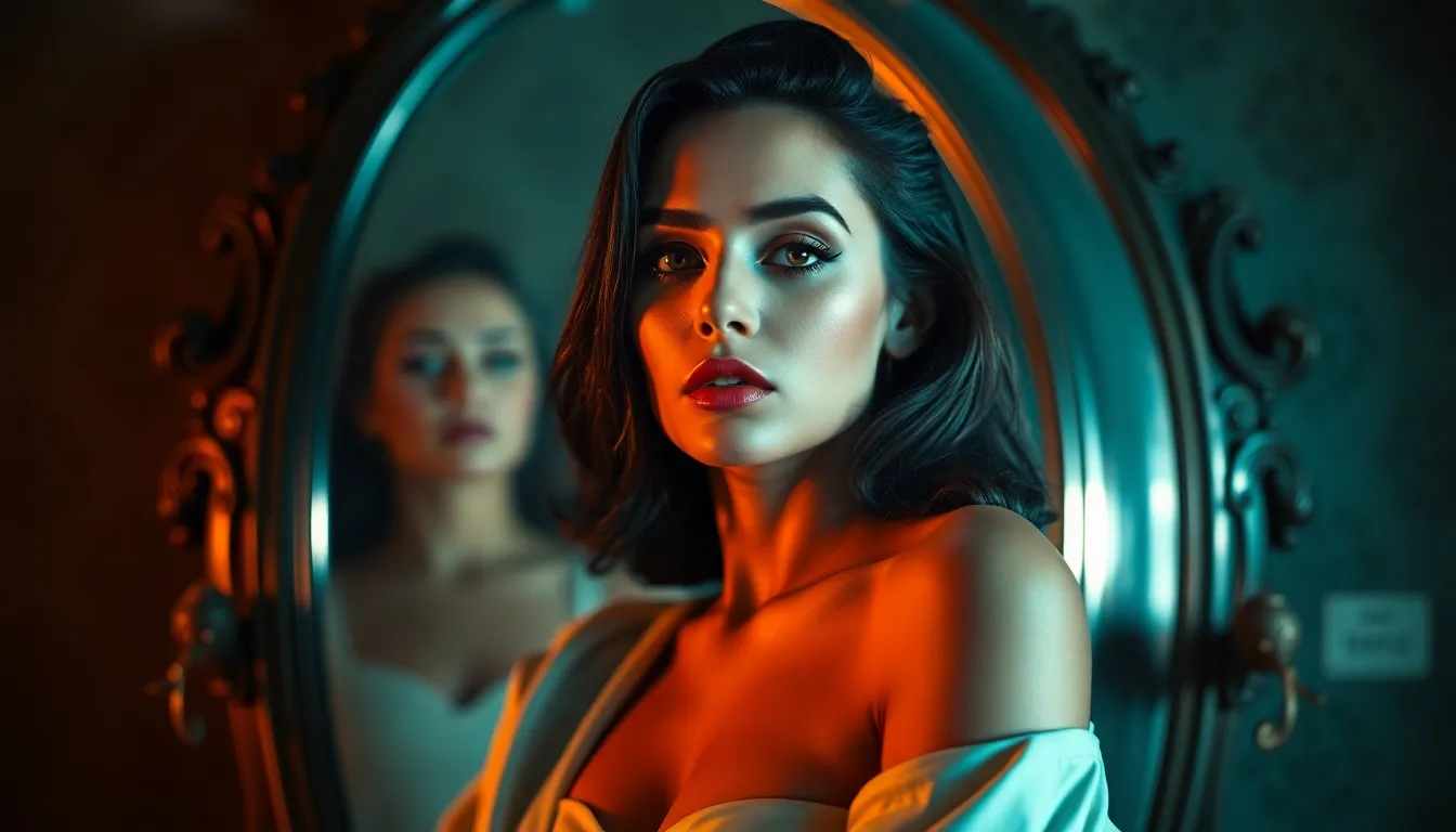 In this captivating image, a glamorous model poses confidently in front of a vintage mirror, showcasing her stunning makeup and apparel. High-contrast dramatic lighting accentuates her features and casts interesting shadows, adding depth and character. The teal and orange color grading gives the scene an edgy yet stylish vibe. The reflection in the mirror creates a symmetrical composition, drawing attention to the model's elegance and makeup artistry, perfect for high-fashion publications.