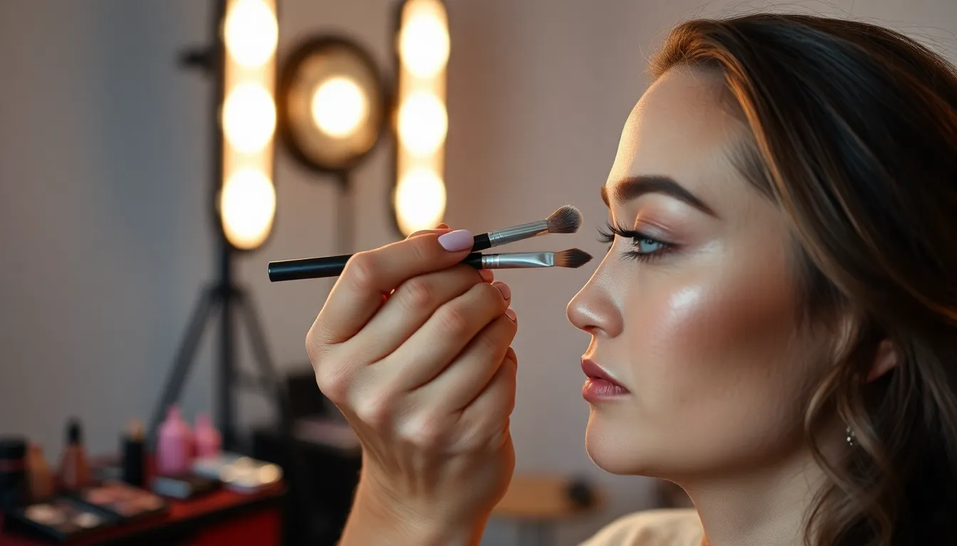 In this engaging image, a skilled makeup artist applies delicate eyeshadow to a client's eyelids, showcasing a professional beauty studio atmosphere. Soft, diffused lighting highlights the intricate details of the tools and the careful artistry involved. The warm pastel color palette contributes to a serene mood, inviting viewers into the intimate moment. This image captures the artistry of makeup application, making it perfect for beauty-focused campaigns.