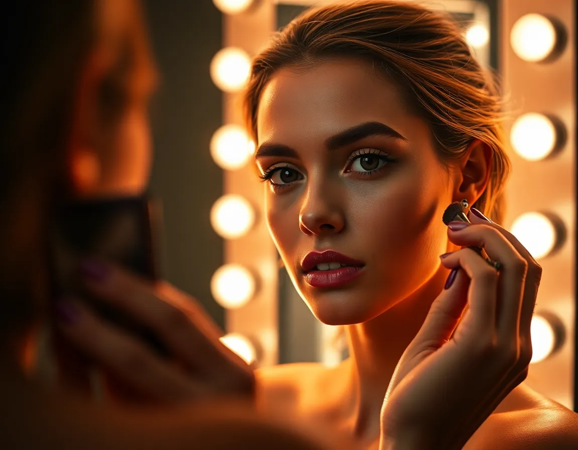 This striking image captures a model applying makeup before a Hollywood-style mirror, adorned with warm backlighting. The glamorous lighting creates enchanting reflections, emphasizing her focused expression and the artistry of her makeup application. The warm color tones complement her natural beauty, making this image perfect for beauty campaigns and fashion editorials.