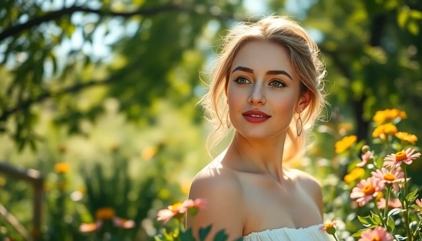 This captivating outdoor image features a model with a natural makeup look, set against the backdrop of a sunlit garden. The soft sunlight creates enchanting bokeh, adding a dreamy quality to the scene. The vibrant colors enhance the model's glowing skin while the delicate textures of her dress complement the softness of her look. This image beautifully embodies the essence of natural beauty and outdoor fashion.