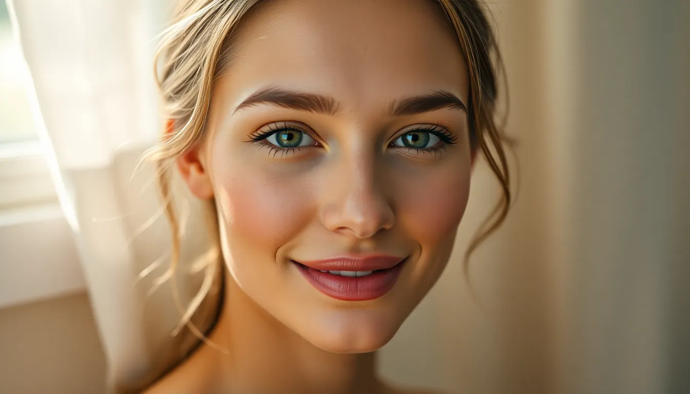 Natural Makeup Portrait with Soft Light This image beautifully captures a model styled with natural makeup in soft daylight. Her serene expression and light, flowing makeup enhance her features while maintaining authenticity. The warm skin tones and pastel backdrop create a calming atmosphere, inviting viewers to appreciate the art of understated beauty. The soft bokeh emphasizes her natural look, adding depth to the composition.