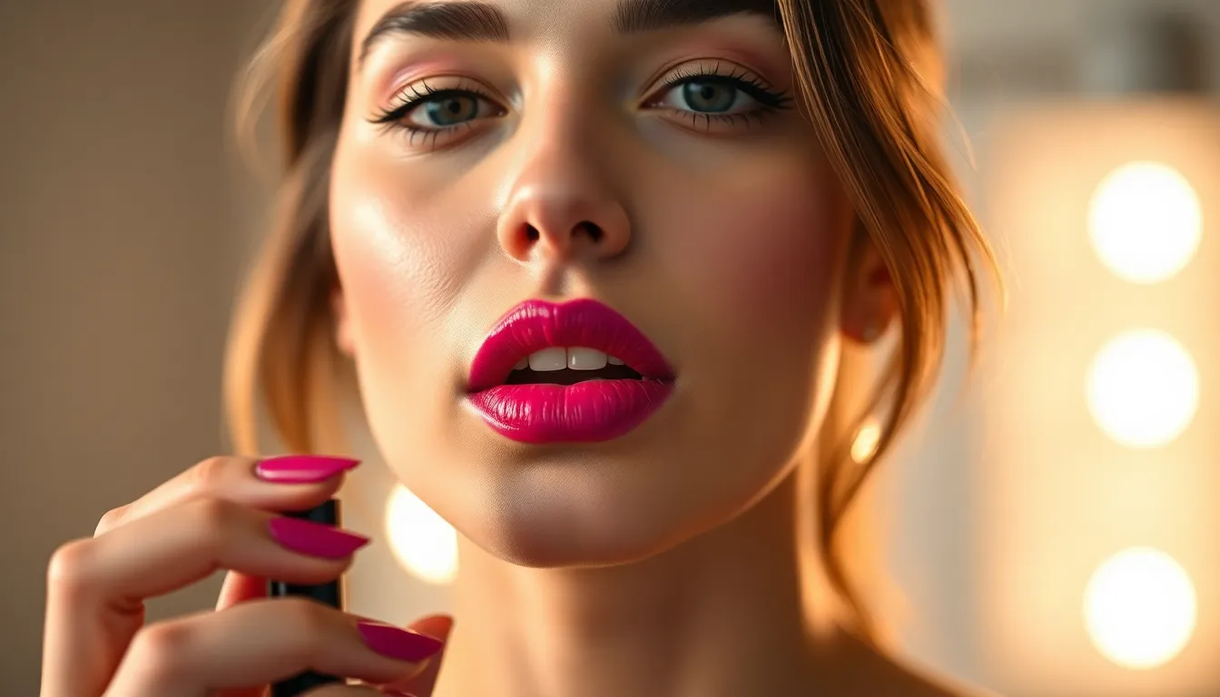 This captivating image features a model in a bright studio delicately applying vibrant pink lipstick. The soft lighting enhances her natural beauty, while the blurred background draws focus to her expressive actions. The contrasting colors create a lively atmosphere, making it ideal for fashion and beauty contexts. The image captures both the texture of the lipstick and the subtle contours of her face, showcasing the artistry of makeup application.
