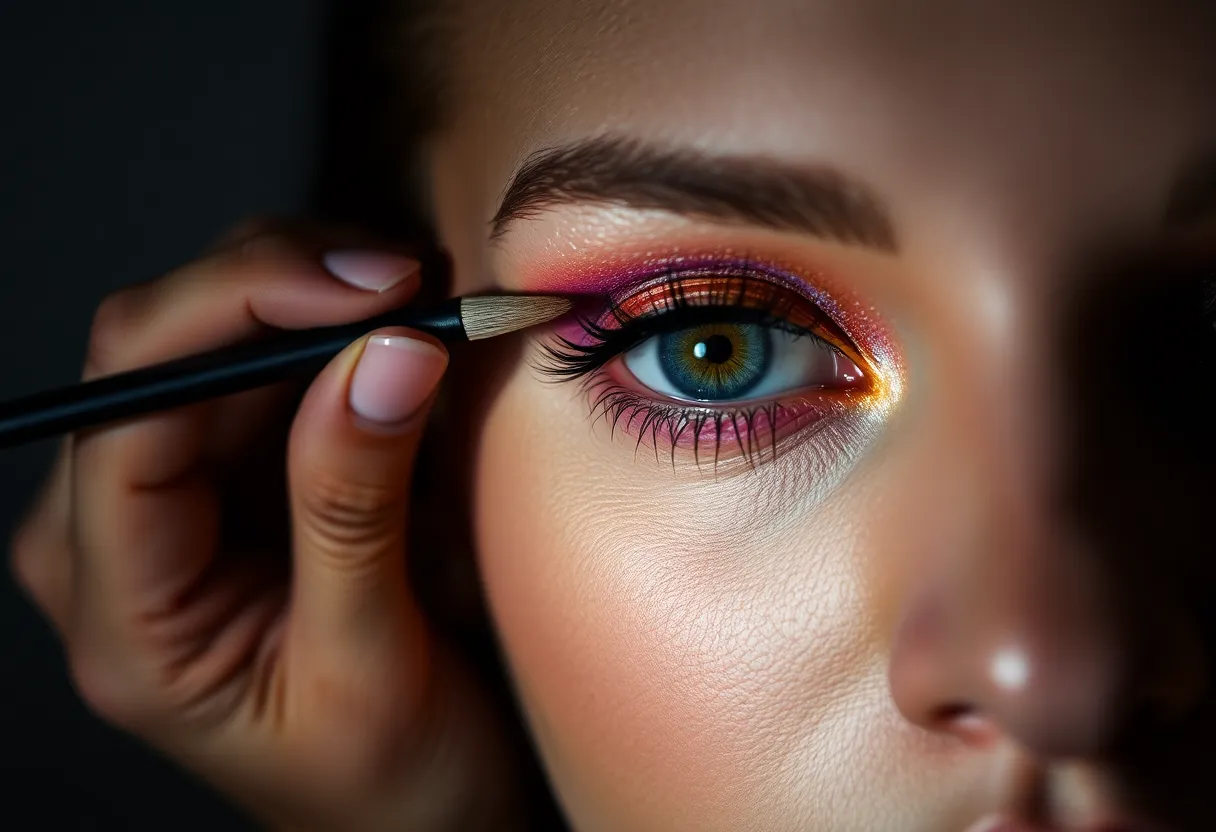 A stunning close-up photograph highlighting the artistry of makeup application. The artist's hand is in sharp focus as vibrant eyeshadow is applied to the model's eyelid, illuminated by dramatic studio lighting. The rich jewel tones pop against the soft blurred background, drawing the viewer's attention directly to the intricate details of the makeup. The image captures the beauty and precision of the makeup process, celebrating the craftsmanship of professional beauty artists.
