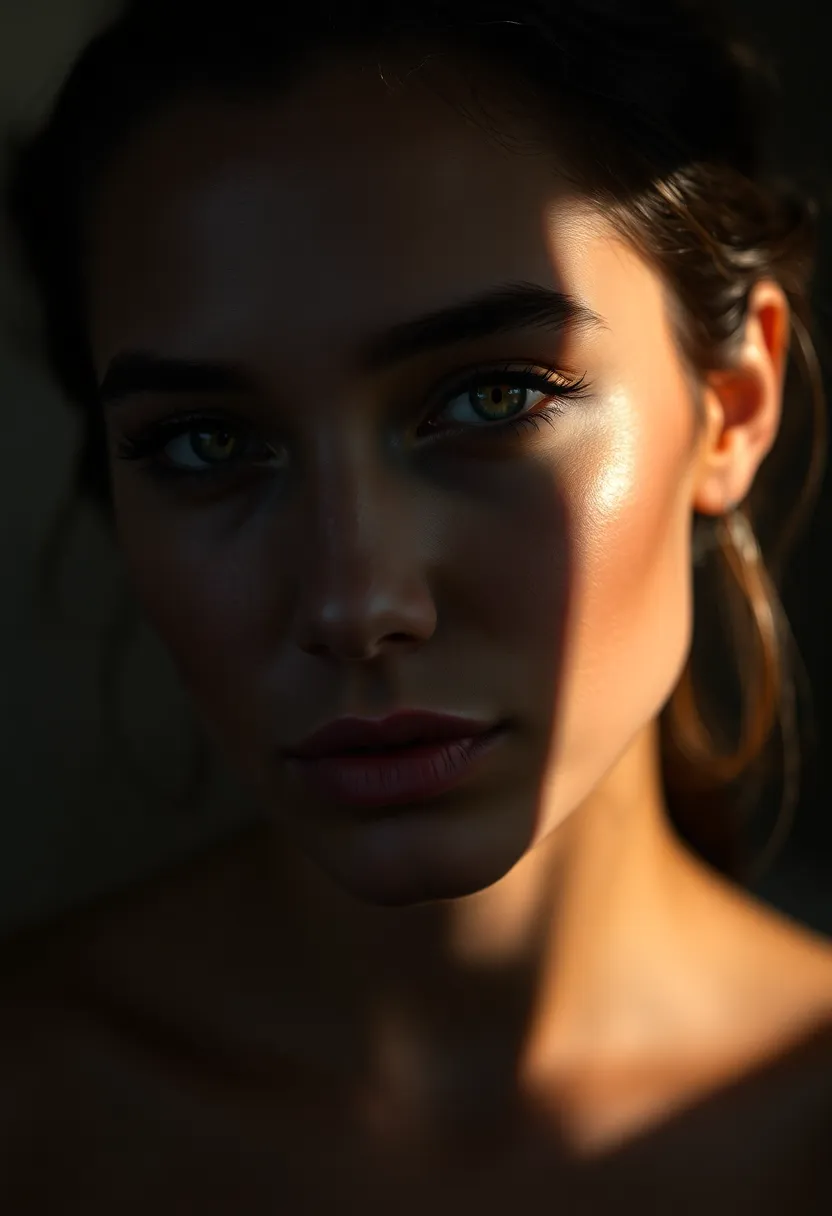This dramatic portrait showcases a model illuminated by striking Rembrandt lighting, accentuating the contours of her face and the artistry of her makeup. The natural muted tones create a sophisticated atmosphere, while the shallow depth of field focuses on her captivating eyes. The composition is perfectly symmetrical, creating a timeless aesthetic that draws viewers in. Fine textures in the skin and makeup enhance the image's realism, making this an unforgettable beauty shot.