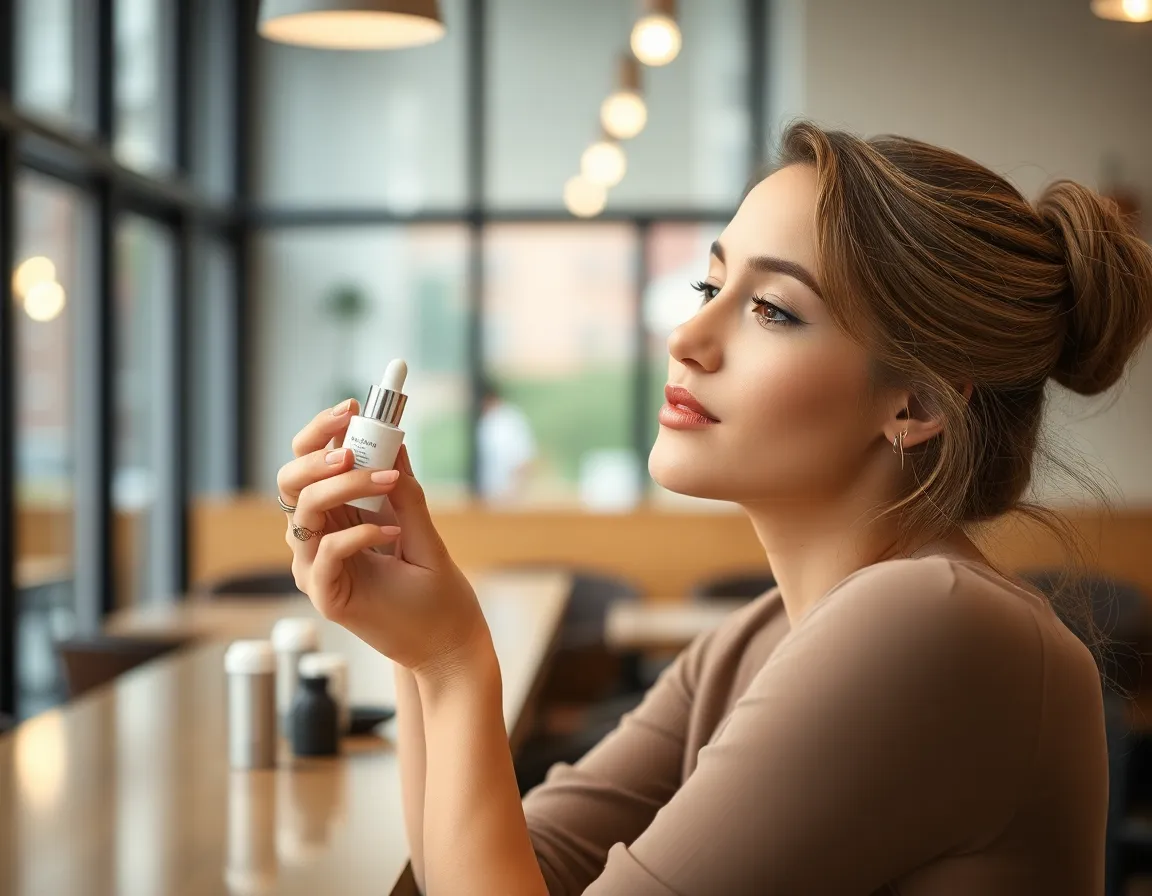 This intimate image captures a model applying natural skincare makeup in a chic café setting. The overcast daylight creates a soft, diffused light that perfectly enhances the dewy finish of her skin, evoking feelings of freshness and authenticity. With the blurred background emphasizing the model’s actions, the composition brings a sense of warmth and approachability, showcasing beauty in everyday life. The natural muted tones further enrich the organic atmosphere of the scene.