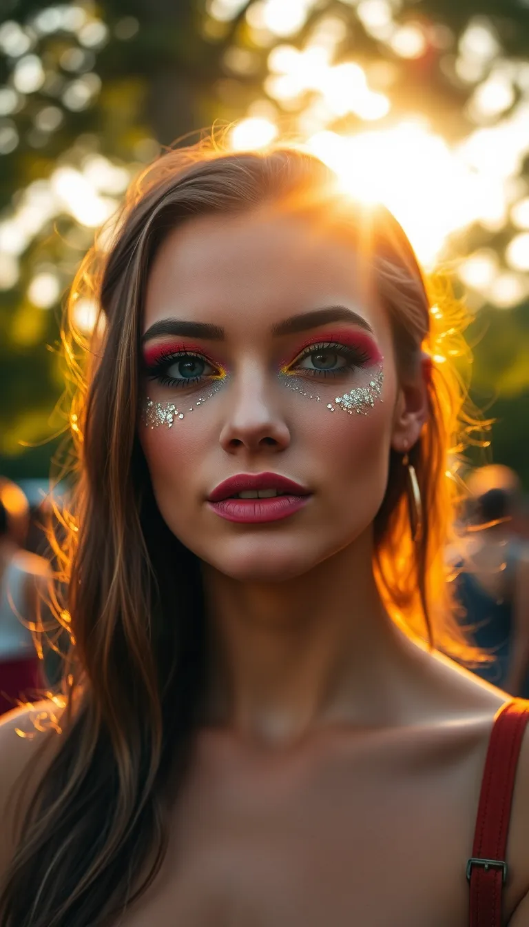 An energetic outdoor portrait of a model showcasing a stunning festival makeup look. The warm golden hour light enhances the vibrant colors and glitter, creating a magical atmosphere. The dreamy bokeh background complements the model's radiant skin and playful expression, making this image a celebration of beauty and fun.