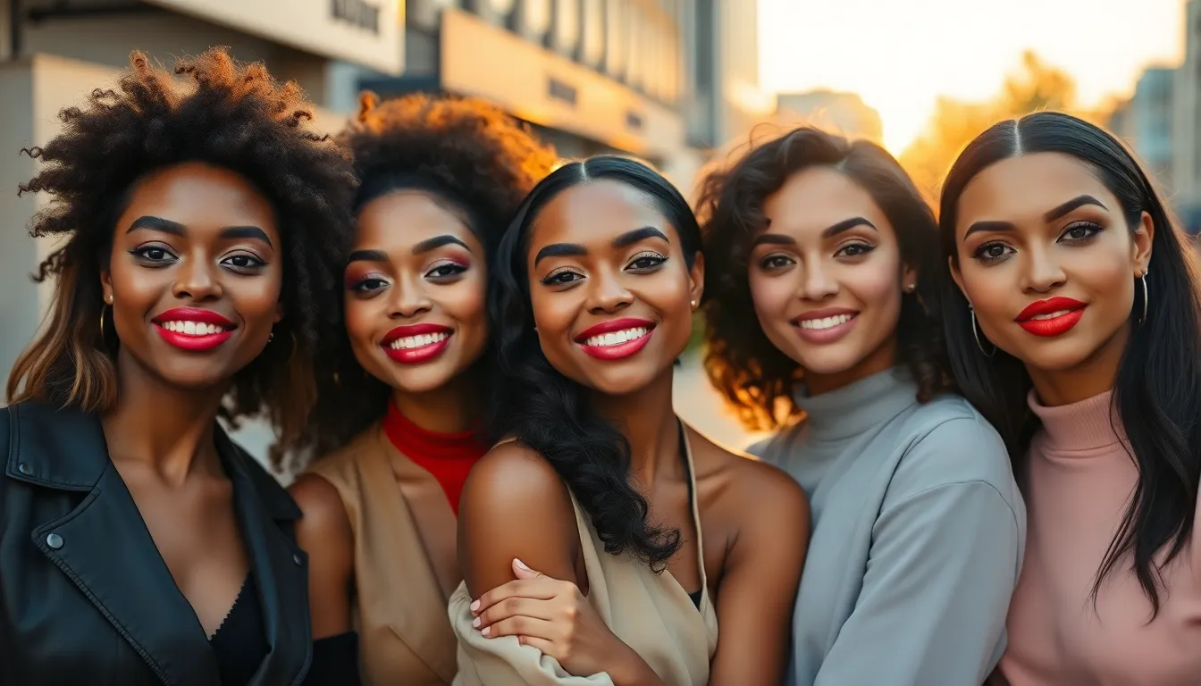 In this lively scene, a diverse group of women proudly showcases an array of vibrant lip colors against a stunning urban backdrop. The golden hour light beautifully highlights their natural features and playful makeup, creating a warm and inviting mood. Each model exudes confidence and joy, adding to the dynamic energy of the composition. The arrangement follows the rule of thirds, effectively capturing the essence of friendship and beauty in a modern context.