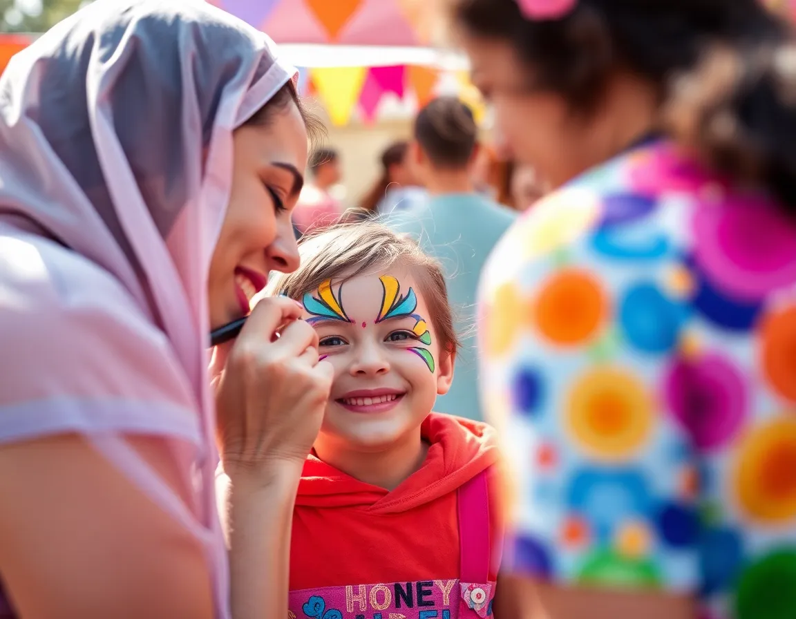 A joyful scene captured at a festive outdoor event, showcasing a makeup artist painting a vibrant design on a child's face. The bright natural light contributes to the cheerful atmosphere, enhancing the playful color palette. With the focus on the delighted expression of the child, this image encapsulates the fun and creativity of face painting. The composition emphasizes the bond between the artist and child, celebrating the joy of artistic expression.