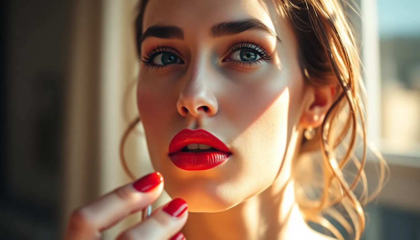 This striking close-up image showcases a model enhancing her lips with a bold red lipstick. Natural light enhances her warm complexion, while the blurred background adds a dreamy quality. The intimate composition draws focus to her flawless skin and captivating eyes, creating an atmosphere of glamour and sophistication. The high-resolution detail captures every nuance, making it ideal for fashion and beauty applications.