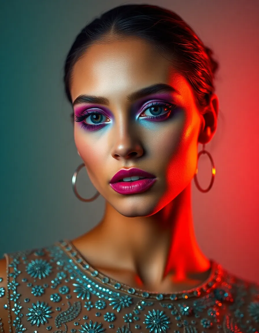 This close-up image captures a female model showcasing a striking makeup look featuring vivid purple eyeshadow and bold lipstick. The soft studio lighting enhances her features while creating captivating catchlights in her eyes. The cinematic color grading adds depth and drama to the composition, emphasizing the textures of her embellished top. The blurred background ensures the model remains the focal point, celebrating beauty and artistry in makeup.