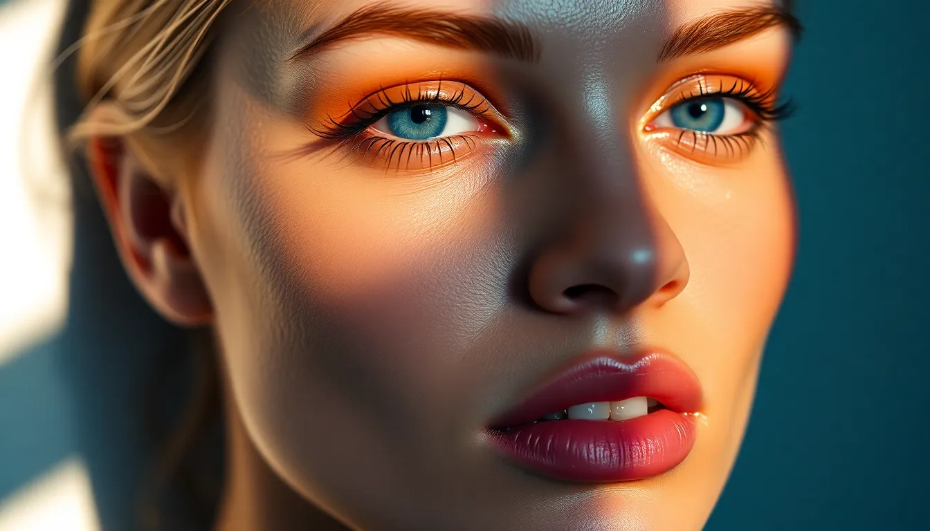 This close-up image showcases a female model with expertly applied makeup, highlighting her sparkling blue eyes and expertly contoured features. The dramatic side lighting enhances her cheekbones, creating depth and intrigue. The warm tones of her makeup pop against a cool, softly blurred background, drawing attention to her natural beauty and the intricate details of her skin. The composition invites viewers to explore the artistry of contemporary makeup.