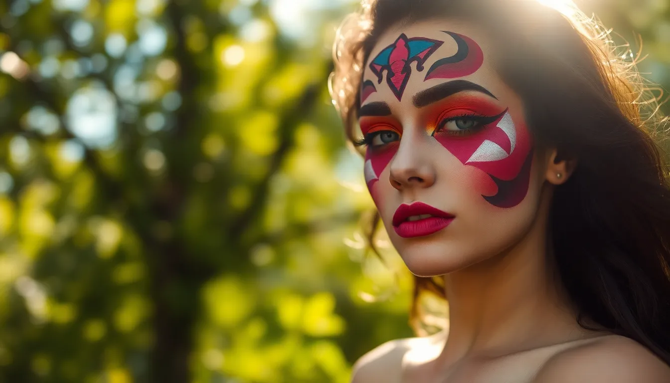 This dramatic beauty photograph features a model adorned with artistic face paint, set against a lush outdoor backdrop. Dappled sunlight filters through the trees, providing enchanting bokeh highlights that accentuate the model's features. The vibrant colors of the face paint contrast beautifully with the serene greens of nature, creating a striking visual. The use of a Dutch angle adds dynamism to the composition, inviting viewers to engage with this unique beauty expression.