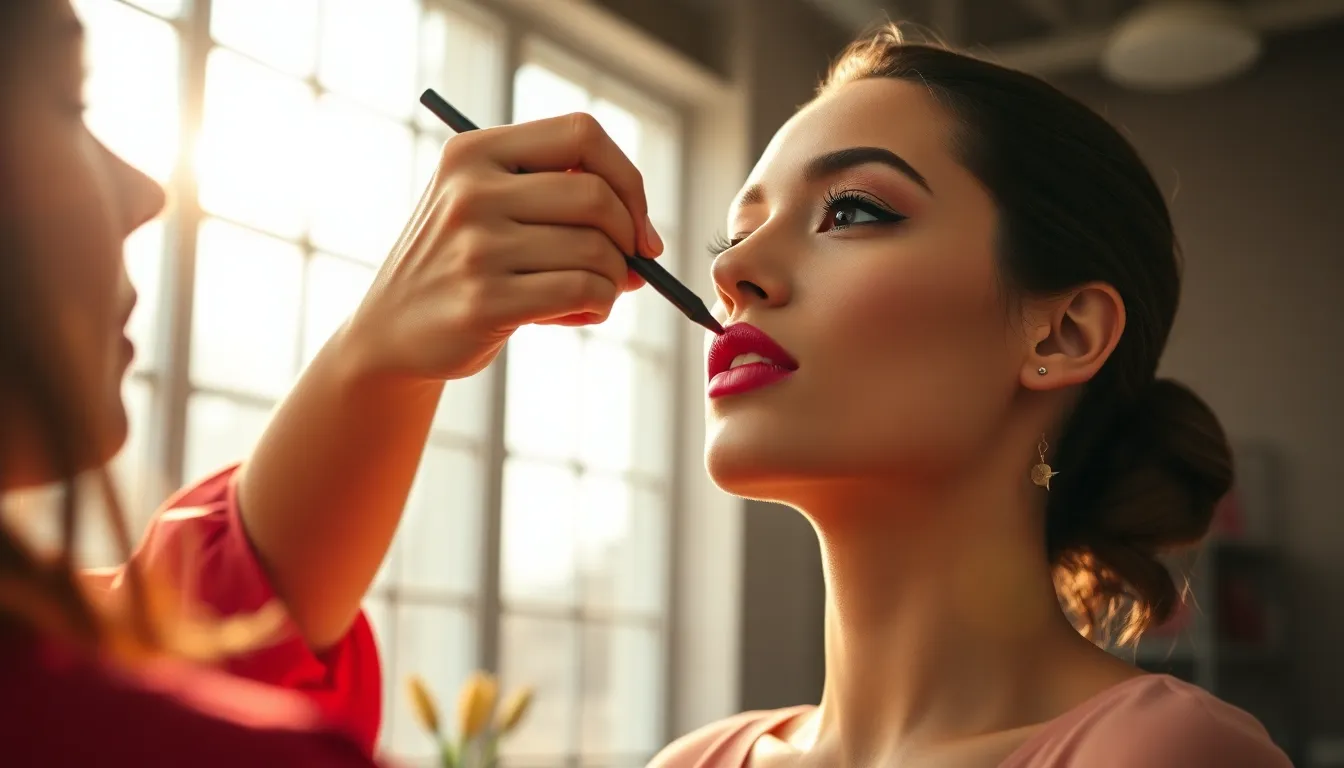 This dynamic scene captures a makeup artist in action, applying a bold red lipstick on a model's lips. The natural daylight bathes the setting in warmth, highlighting the artistry involved in makeup application. Soft neutrals complement the vibrant lipstick, showcasing the contrast beautifully. The composition guides the eye through the artist’s hands to the model’s face, inviting viewers into the intimate beauty process.