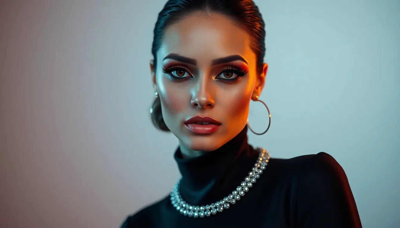 This elegant studio portrait features a model with striking eye makeup that commands attention. The Rembrandt lighting technique adds depth and dimension to her face, while the cinematic color grading of teal and orange enriches the image's mood. Captured with precision, every detail of her makeup and clothing is sharp, presenting a polished and professional look. The centered composition highlights her bold features, showcasing the artistry and creativity in contemporary makeup.