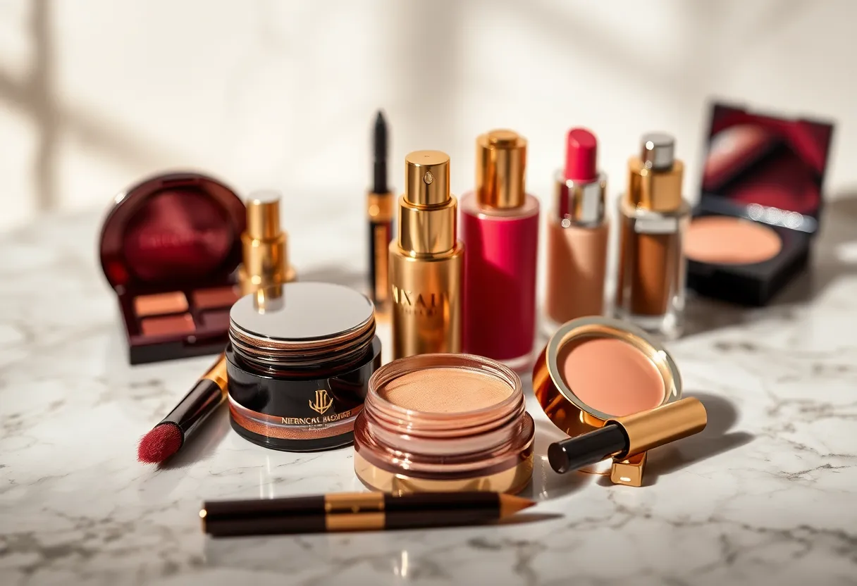 This sophisticated image showcases an elegant arrangement of luxurious makeup products displayed on a textured marble surface. Soft lighting enhances the rich colors and intricate details of the items, evoking a sense of class and beauty. The blurred background allows the viewer to focus on the textures and colors, creating a visually appealing composition. Ideal for editorial use, this image captures the essence of high-end makeup artistry.