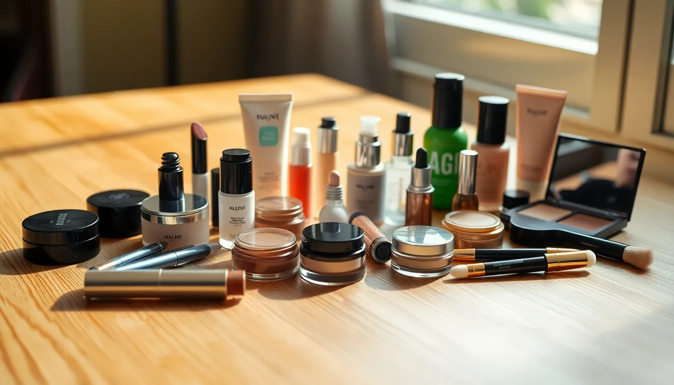 An artistic flat lay showcasing a variety of meticulously arranged makeup products on a brushed wood surface. Soft natural light highlights the elegant details and colors of each item, while the harmonious pastel and metallic tones create a visually pleasing aesthetic. This composition encourages exploration of the different textures and designs, making it perfect for beauty blogs and product promotions.