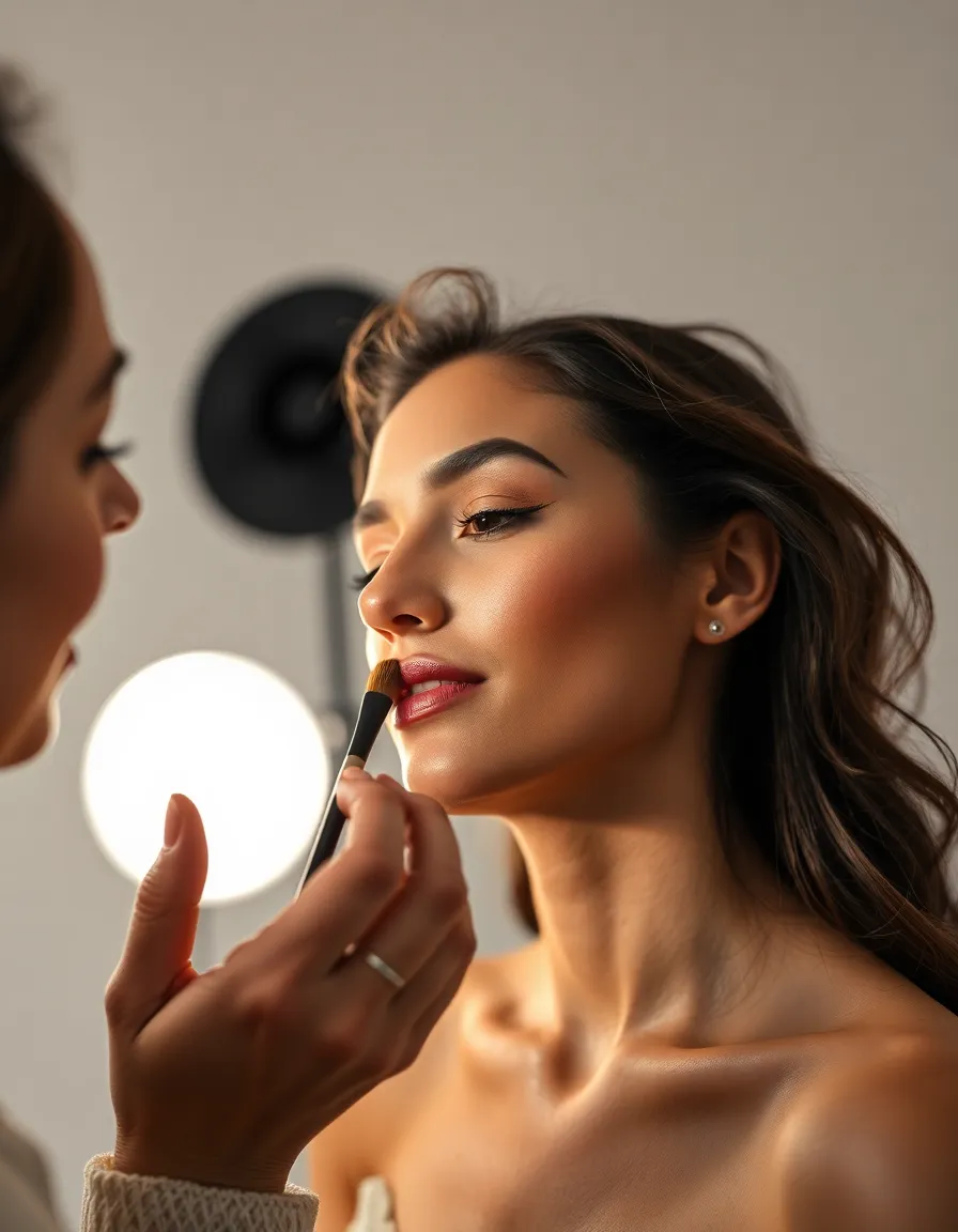 Makeup Artist in Action Close-up This close-up captures the meticulous work of a makeup artist applying makeup on a model in a professional studio. The soft lighting highlights the textures of both the model's skin and the artist's brush, emphasizing the skill involved in makeup artistry. This intimate portrayal not only highlights the artistry but also conveys a sense of collaboration and creativity in the beauty industry.