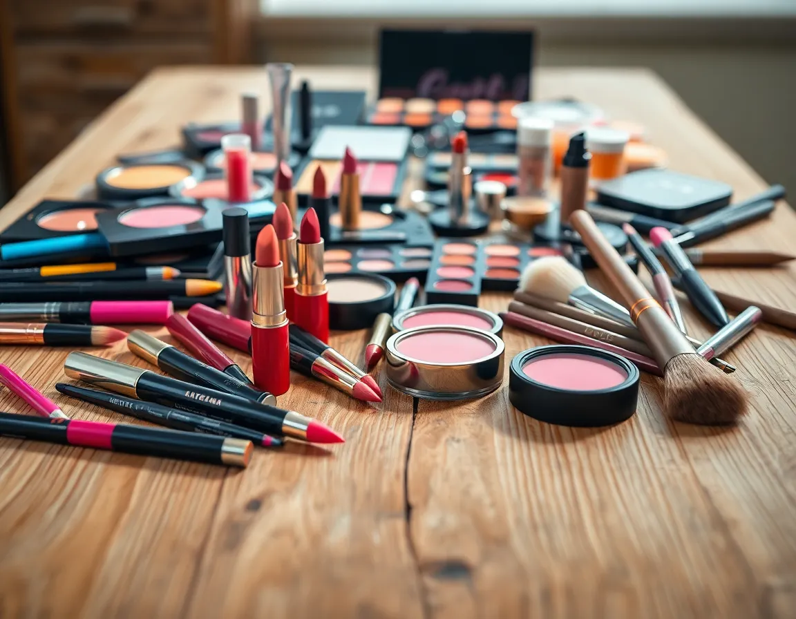 Colorful Array of Makeup Products on Wooden Table