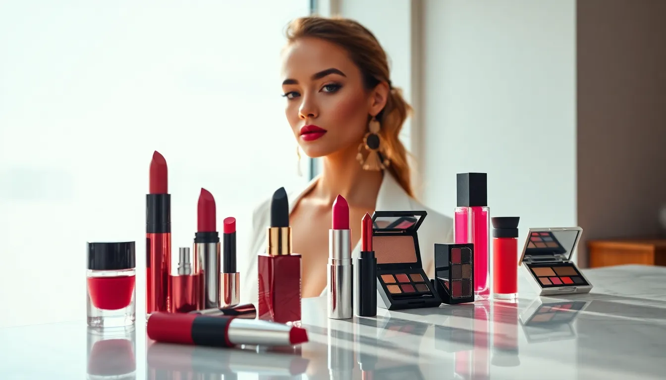 Vibrant Makeup Display with Model This engaging image presents a model surrounded by an array of vibrant beauty products, skillfully arranged on a polished marble counter. The vivid daylight enhances the makeup colors, creating a lively atmosphere filled with textures and details. The model’s stylish outfit complements the products, turning this shot into a celebration of beauty and fashion, showcasing the latest trends in makeup artistry.