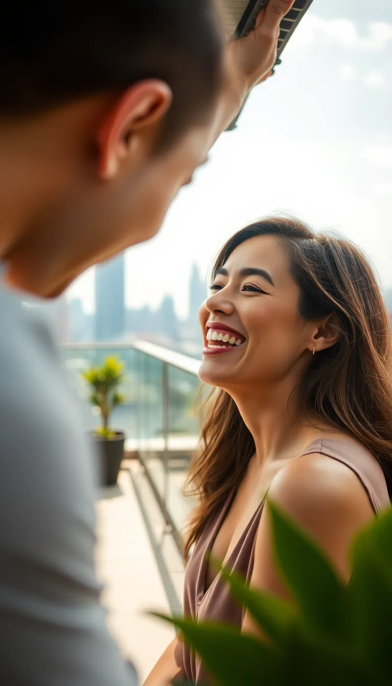 This charming image captures the joyful moment of a woman laughing while getting her makeup done on a rooftop terrace. Natural light bathes her in warmth, enhancing her vibrant smile. With a blurred city skyline in the background, the scene conveys a sense of lifestyle and elegance. Perfect for beauty and fashion contexts, it showcases the art of makeup in a lively, engaging environment.